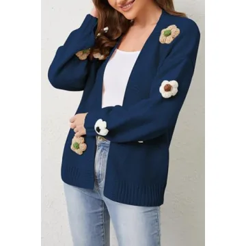 Cakulo Womens 2024 Cardigan Sweaters Fall Oversized Chunky 3D Flower Open Front Knit Cardigans Trendy Navy Blue L