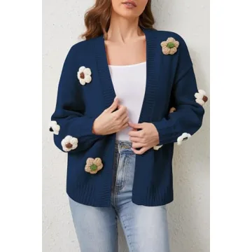 Cakulo Womens 2024 Cardigan Sweaters Fall Oversized Chunky 3D Flower Open Front Knit Cardigans Trendy Navy Blue L