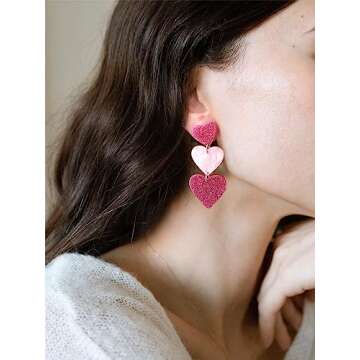 Pink Heart Earrings for Women Dangle, Valentine's Day Earrings, Galentines Gifts Earrings, Pink Outfits Accessories for Women, Red Love Heart Earrings,Hot Pink Earrings Pink Statement Earrings