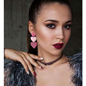 Pink Heart Earrings for Women Dangle, Valentine's Day Earrings, Galentines Gifts Earrings, Pink Outfits Accessories for Women, Red Love Heart Earrings,Hot Pink Earrings Pink Statement Earrings