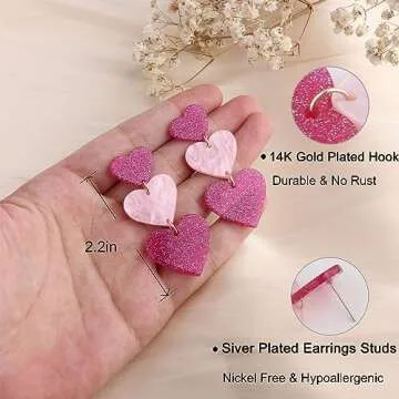 Pink Heart Earrings for Women Dangle, Valentine's Day Earrings, Galentines Gifts Earrings, Pink Outfits Accessories for Women, Red Love Heart Earrings,Hot Pink Earrings Pink Statement Earrings