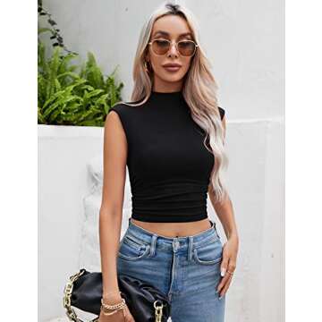 IECCP High Neck Blouse Side Ruched Tank Sleeveless Crop Top for Women Sexy Black Medium