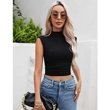 IECCP High Neck Blouse Side Ruched Tank Sleeveless Crop Top for Women Sexy Black Medium