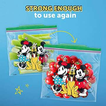 Ziploc Sandwich and Snack Bags, Storage Bags for On the Go Freshness, Grip 'n Seal Technology for Easier Grip, Open, and Close, 66 Count, Mickey and Friends Designs