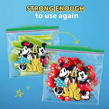 Ziploc Sandwich and Snack Bags, Storage Bags for On the Go Freshness, Grip 'n Seal Technology for Easier Grip, Open, and Close, 66 Count, Mickey and Friends Designs