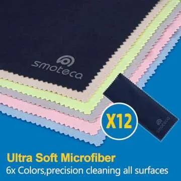 SmoTecQ 12 Pack Assorted Colors Microfiber Cleaning Cloths - Safe and Effective Cleans Lenses, Glasses, Screens, Cameras, Eyeglasses, Cell Phone, LCD TV Screens and More (6X7)