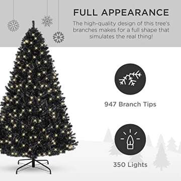Best Choice Products 6ft Pre-Lit Black Christmas Tree, Full Artificial Holiday Decoration for Home, Office, Party Decoration w/ 947 Branch Tips, 250 Lights, Metal Hinges, Foldable Base