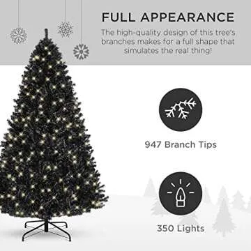 Best Choice Products 6ft Pre-Lit Black Christmas Tree, Full Artificial Holiday Decoration for Home, Office, Party Decoration w/ 947 Branch Tips, 250 Lights, Metal Hinges, Foldable Base