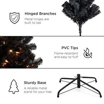 Best Choice Products 6ft Pre-Lit Black Christmas Tree, Full Artificial Holiday Decoration for Home, Office, Party Decoration w/ 947 Branch Tips, 250 Lights, Metal Hinges, Foldable Base