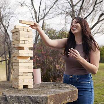 Yard Games Large Jr. Tumbling Timbers Wood Stacking Party Tailgate Backyard Game Indoor Outdoor with Carrying Case for Kids Adults, 21 Inch, Natural