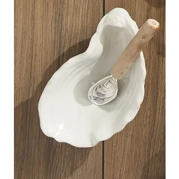 Mud Pie Shaped DIP Set, oyster 6 1/2" x 4 1/4" | spoon 5 1/2", White