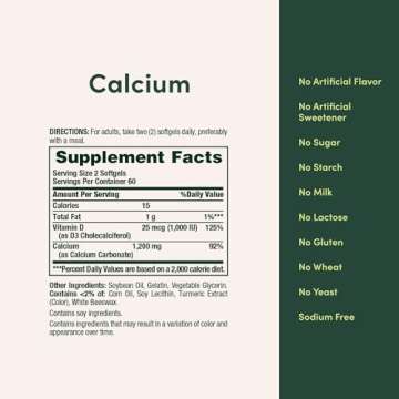 Nature's Bounty Calcium Carbonate & Vitamin D, Supports Immune Health & Bone Health, 1200mg Calcium & 1000IU Vitamin D3, 120 Softgels