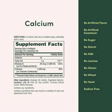 Nature's Bounty Calcium Carbonate & Vitamin D, Supports Immune Health & Bone Health, 1200mg Calcium & 1000IU Vitamin D3, 120 Softgels