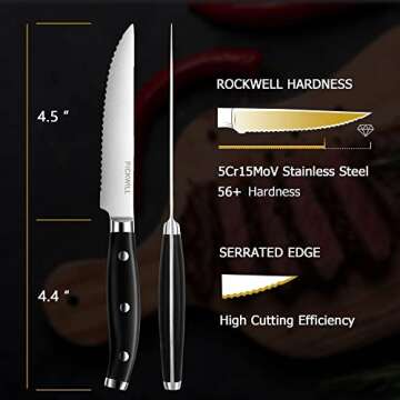 PICKWILL Steak Knives Set of 8, Serrated Classic Steak Knife Set, High Carbon Stainless Steel Kitche...