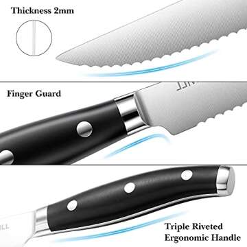 PICKWILL Steak Knives Set of 8, Serrated Classic Steak Knife Set, High Carbon Stainless Steel Kitchen Steak Knives with Full Tang Handle, 4.5 Inch Dinner Knives with Gift Box, Black