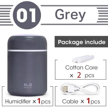 Portable Mini Humidifier, Colorful, Cool Mist, USB Powered. Perfect for Bedroom, Office & Car (300ml, Gray)