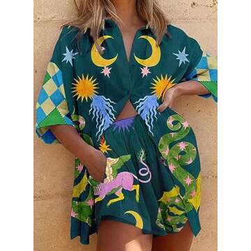 Peaceglad Women's Print 2 Piece Pajama Set Short Sleeve Button Down Tops Drawstring Shorts Loungewear Sleepwear Sets(Dark-green,XL)