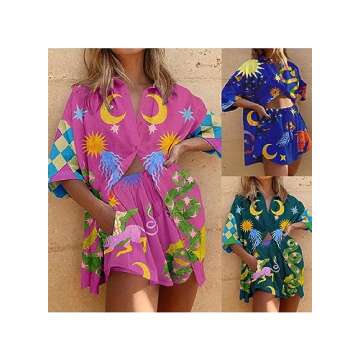 Peaceglad Women's Print 2 Piece Pajama Set Short Sleeve Button Down Tops Drawstring Shorts Loungewear Sleepwear Sets(Dark-green,XL)