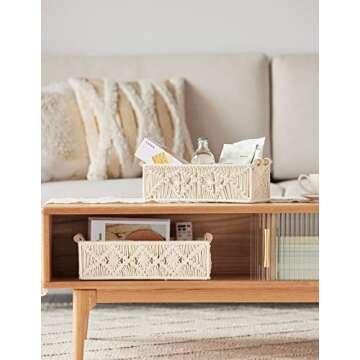 Taufey Macrame Storage Baskets Boho Decor Box Handmade Woven Decorative Countertop Toilet Tank Shelf Cabinet Organizer for Bedroom Living Room Nursery, Set of 2