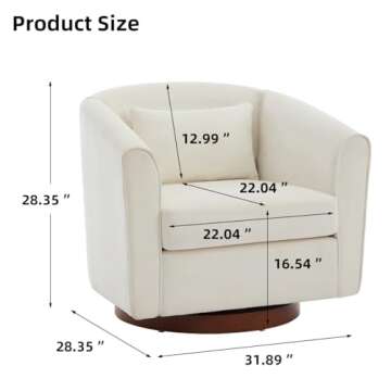 HMFULE Swivel Accent Chair Solid Wood Base, Arm Chair with Comfy Chenille Fabric & Pillow, Armchair Barrel Modern Reading Chair for Living Room Bedroom, White