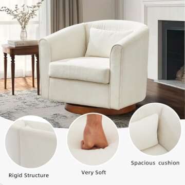 HMFULE Swivel Accent Chair Solid Wood Base, Arm Chair with Comfy Chenille Fabric & Pillow, Armchair Barrel Modern Reading Chair for Living Room Bedroom, White