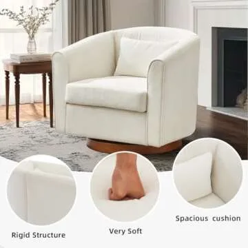 HMFULE Swivel Accent Chair Solid Wood Base, Arm Chair with Comfy Chenille Fabric & Pillow, Armchair Barrel Modern Reading Chair for Living Room Bedroom, White