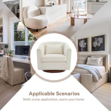 HMFULE Swivel Accent Chair Solid Wood Base, Arm Chair with Comfy Chenille Fabric & Pillow, Armchair Barrel Modern Reading Chair for Living Room Bedroom, White