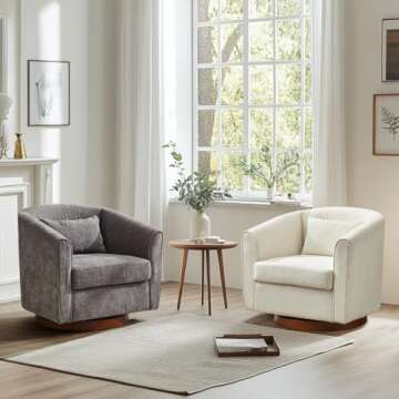 HMFULE Swivel Accent Chair Solid Wood Base, Arm Chair with Comfy Chenille Fabric & Pillow, Armchair Barrel Modern Reading Chair for Living Room Bedroom, White