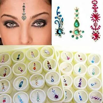 Bindi Box Long Multicolored Crystal Bindis - Bridal Forehead Tika temporary tattoo wedding face Jewe...