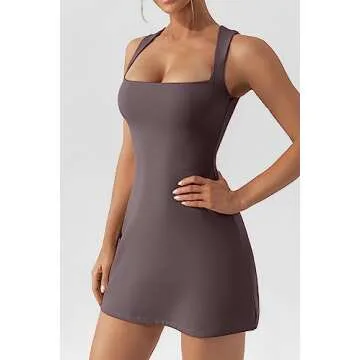 QINSEN Women's Sleeveless Dress Stretch Camisole Tank Top Flared Short Mini Dress for Summer M Desert Taupe