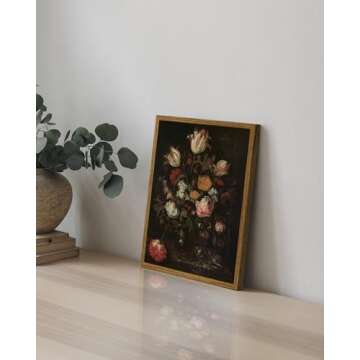 ARPEOTCY Vintage Framed Floral Wall Art Decor, Bathroom Dark Flower Bouquet Retro Wall Decor, Canvas...