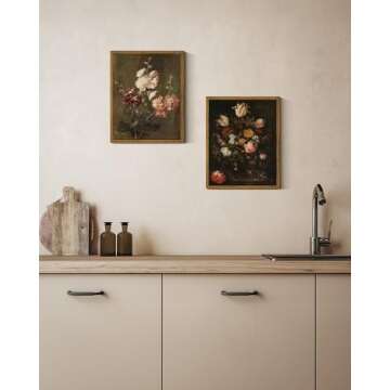 ARPEOTCY Vintage Framed Floral Wall Art Decor, Bathroom Dark Flower Bouquet Retro Wall Decor, Canvas Prints Art, Bedroom Roses and Tulips Paintings Farmhouse Moody Home Decoration, 8x10 Inch