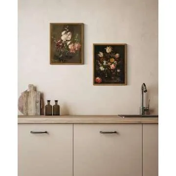 ARPEOTCY Vintage Framed Floral Wall Art Decor, Bathroom Dark Flower Bouquet Retro Wall Decor, Canvas Prints Art, Bedroom Roses and Tulips Paintings Farmhouse Moody Home Decoration, 8x10 Inch