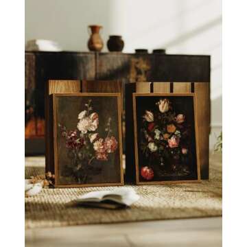 ARPEOTCY Vintage Framed Floral Wall Art Decor, Bathroom Dark Flower Bouquet Retro Wall Decor, Canvas Prints Art, Bedroom Roses and Tulips Paintings Farmhouse Moody Home Decoration, 8x10 Inch