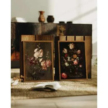 ARPEOTCY Vintage Framed Floral Wall Art Decor, Bathroom Dark Flower Bouquet Retro Wall Decor, Canvas Prints Art, Bedroom Roses and Tulips Paintings Farmhouse Moody Home Decoration, 8x10 Inch