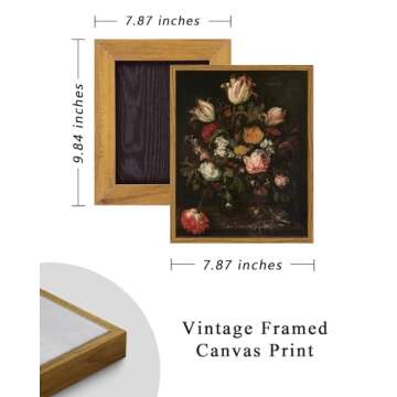 ARPEOTCY Vintage Framed Floral Wall Art Decor, Bathroom Dark Flower Bouquet Retro Wall Decor, Canvas Prints Art, Bedroom Roses and Tulips Paintings Farmhouse Moody Home Decoration, 8x10 Inch