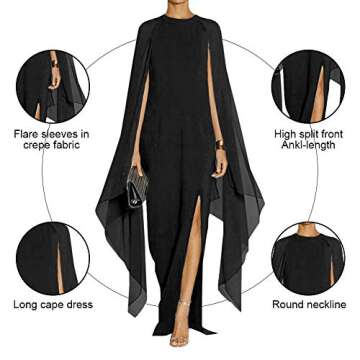 MAYFASEY Women's Flare Chiffon Sleeve High Split Formal Evening Gown Maxi Dress with Cape Black M