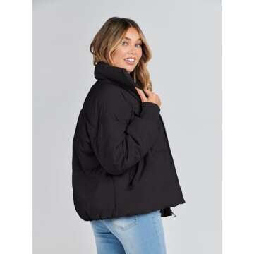 MEROKEETY Women's 2024 Winter Long Sleeve Zip Puffer Jacket Pockets Baggy Short Coats, Black, L