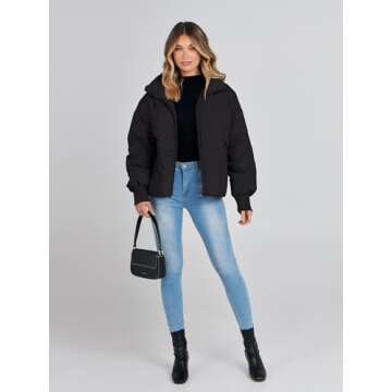MEROKEETY Women's 2024 Winter Long Sleeve Zip Puffer Jacket Pockets Baggy Short Coats, Black, L
