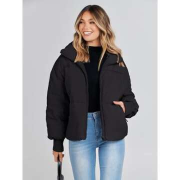 MEROKEETY Women's 2024 Winter Long Sleeve Zip Puffer Jacket Pockets Baggy Short Coats, Black, L