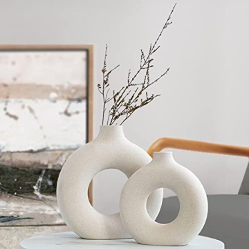 QLOFEI White Ceramic Vases Set of 2 - Modern Donut Design for Stylish Home Decor
