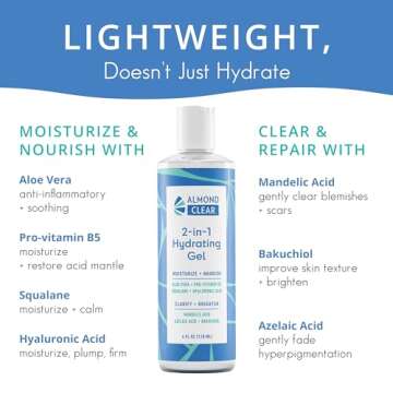 Almond Clear 2-in-1 Hydrating Gel | Lightweight Mandelic Acid Moisturizer for Oily, Blemish-Prone Skin | Aloe Vera, Squalane, Hyaluronic Acid, Mandelic Acid, Bakuchiol | 4 oz