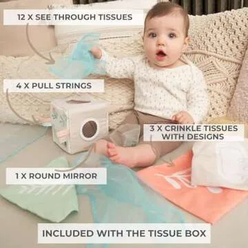 Fun Baby Tissue Box with Stimulating Mirror For Endless Entertainment - Soft Montessori Toy w/ Crinkle Paper & Fabric Tissues - The Perfect Sensory Toy For Newborn/Infant Development From 6-12+ Months