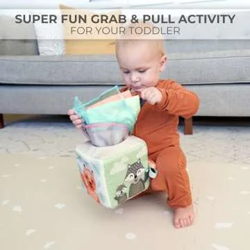 Fun Baby Tissue Box with Stimulating Mirror For Endless Entertainment - Soft Montessori Toy w/ Crinkle Paper & Fabric Tissues - The Perfect Sensory Toy For Newborn/Infant Development From 6-12+ Months