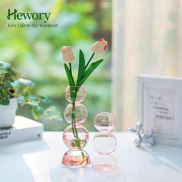 Glass Bubble Vases for Flowers, Hewory 2pcs Pink Unique Cute Single Flower Vase for Centerpieces, Fu...