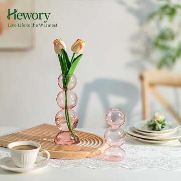 Glass Bubble Vases for Flowers, Hewory 2pcs Pink Unique Cute Single Flower Vase for Centerpieces, Funky Aesthetic Vase Skinny Bud Vase, Cool Groovy Decor for Home Living Room Bedroom Office Tabletop