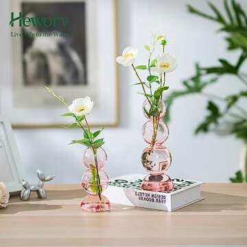 Glass Bubble Vases for Flowers, Hewory 2pcs Pink Unique Cute Single Flower Vase for Centerpieces, Funky Aesthetic Vase Skinny Bud Vase, Cool Groovy Decor for Home Living Room Bedroom Office Tabletop
