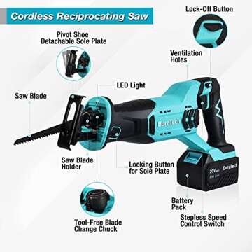 DURATECH Cordless Reciprocating Saw with 20V 4.0Ah Li-Ion Battery, 3000SPM, 7/8" Stroke Length, Vari...