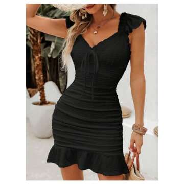 SHENHE Women's Floral Sweetheart Neck Tie Front Ruffle Trim Ruched Sleeveless Mini Dress Black Solid X-Small