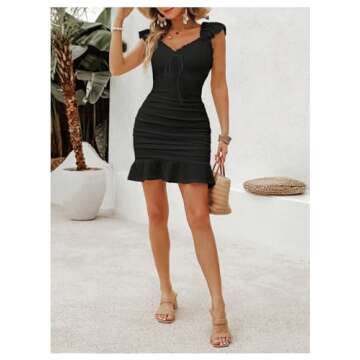 SHENHE Women's Floral Sweetheart Neck Tie Front Ruffle Trim Ruched Sleeveless Mini Dress Black Solid X-Small